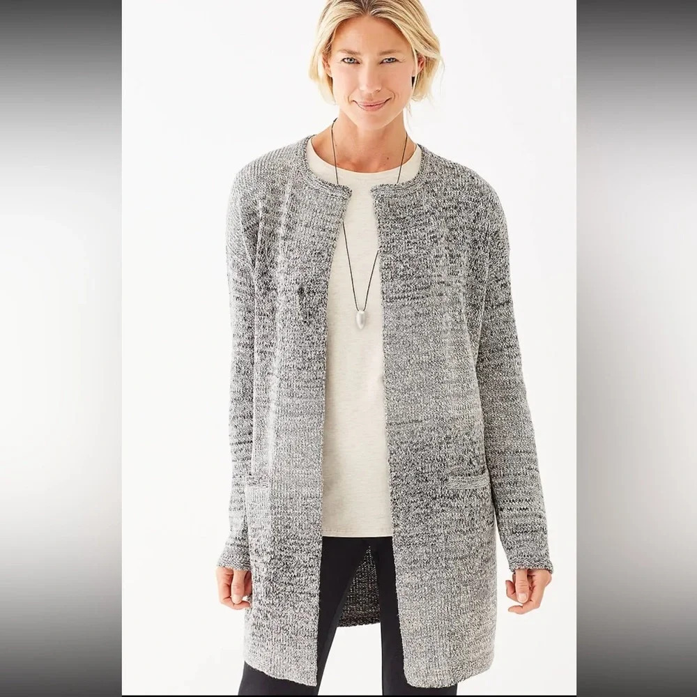 Pure J.Jill Heather Space-Dyed Cardigan Grey SZ SP Sweater Pin Closure 2 Pockets